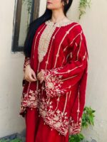 Red Mirror work Embroided Short Anarkali with Farshi Shalwar 2PC - Image 5