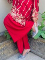 Red Mirror work Embroided Short Anarkali with Farshi Shalwar 2PC - Image 3