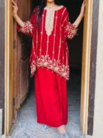Red Mirror work Embroided Short Anarkali with Farshi Shalwar 2PC - Image 4