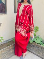 Red Mirror work Embroided Short Anarkali with Farshi Shalwar 2PC - Image 2