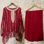 Red Mirror work Embroided Short Anarkali with Farshi Shalwar 2PC